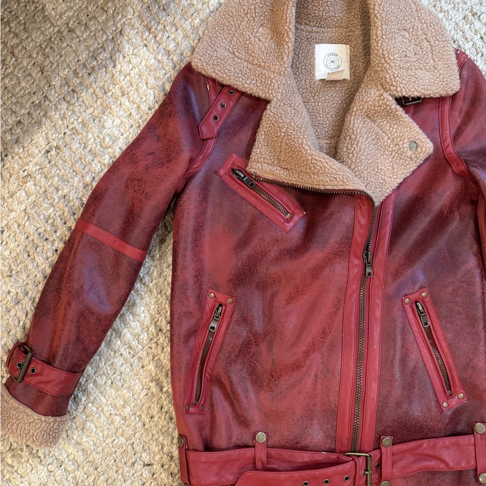Urban Outfitters Burgundy Leather Jacket with Shearling Collar